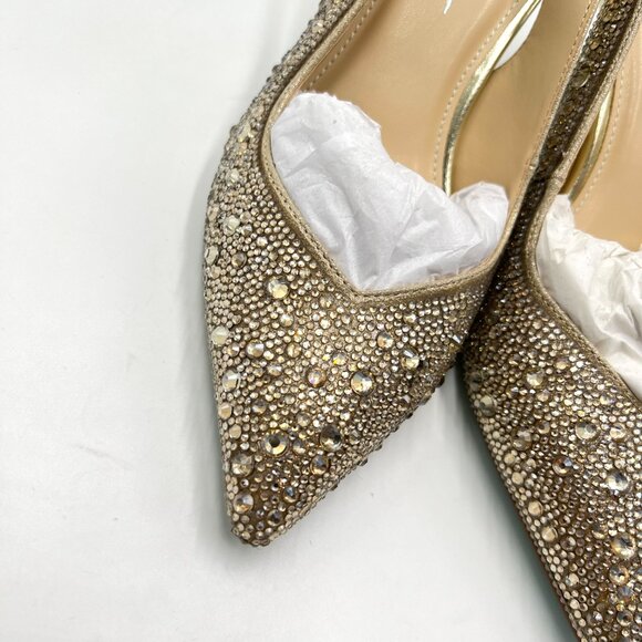 Betsey Johnson Size 6.5 Clark Gold Jewel Encrusted Slingback Heels Pumps‎ Shoes - Picture 4 of 13